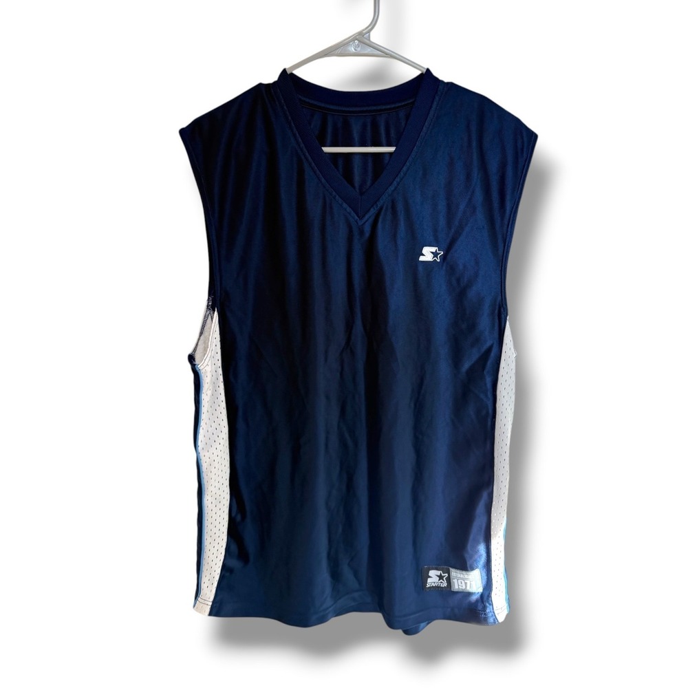 Starter Basketball Jersey Mens Large Navy Blue White Mesh V Neck SU6M107